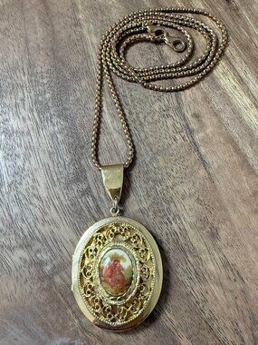 VINTAGE Gold Filigree Cameo Locket Necklace Victorian Porcelain Portrait